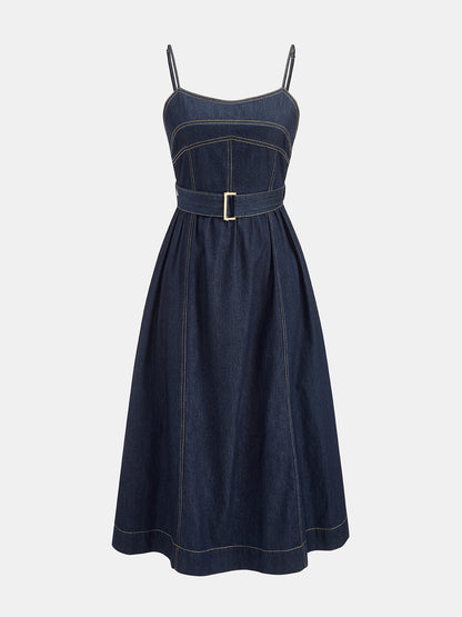 Belted A-Line Denim Cami Midi Dress
