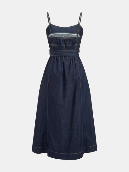 Belted A-Line Denim Cami Midi Dress