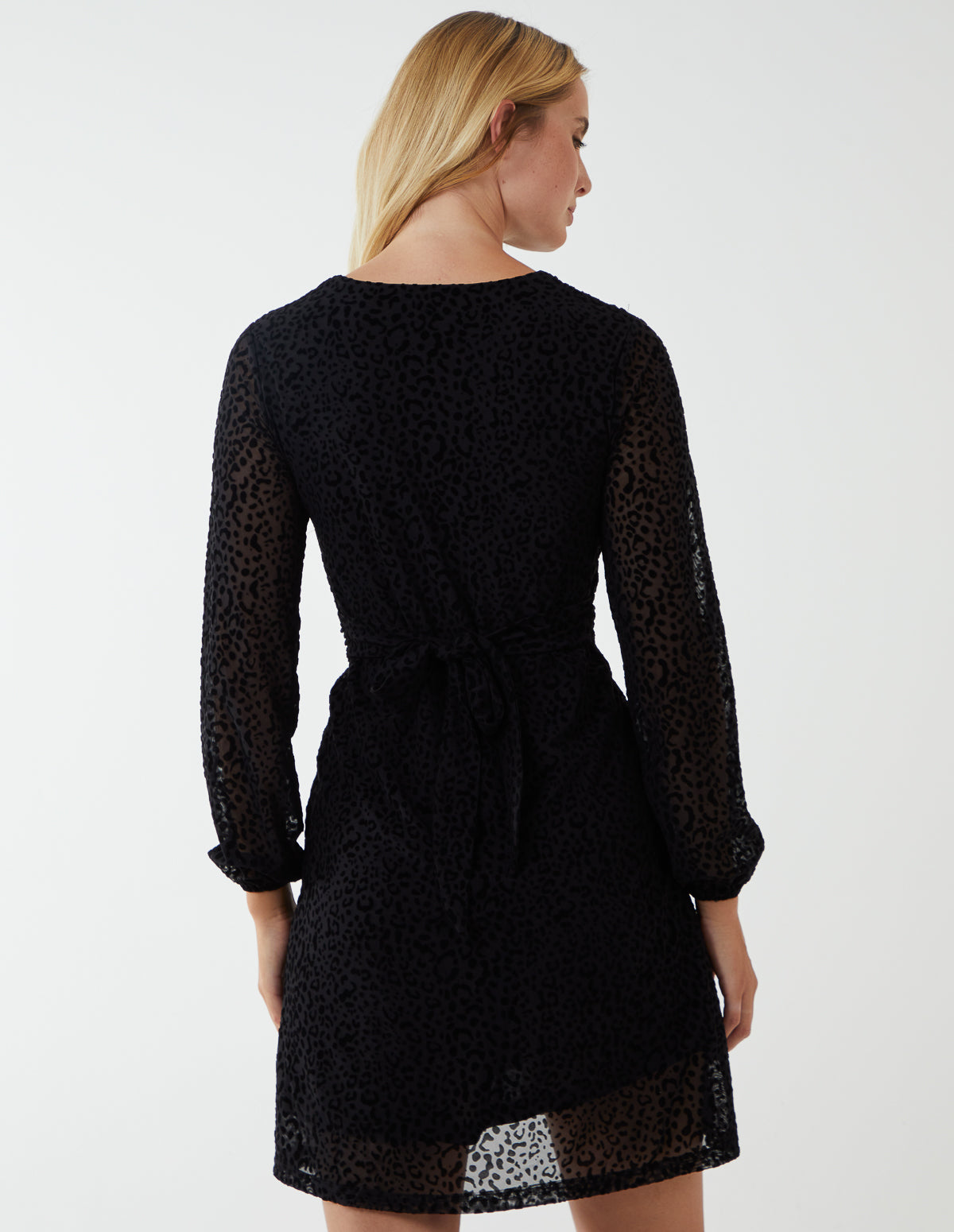 Leopard Print Flocked Knot Front Angel Sleeve Dress