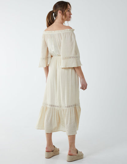 Off Shoulder Elasticated Lace Insert Midi Dress