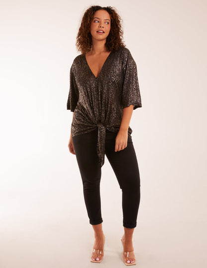 Leopard V Neck Tie Front Top