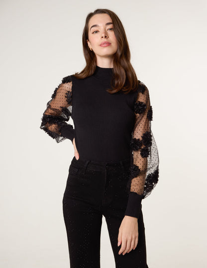 Turtle Neck Jumper With Mesh Polka Dot And Flower Detailed Sleeves