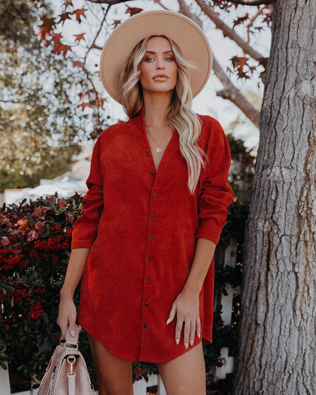 Brayden Corduroy Pocketed Button Down Tunic - Brick