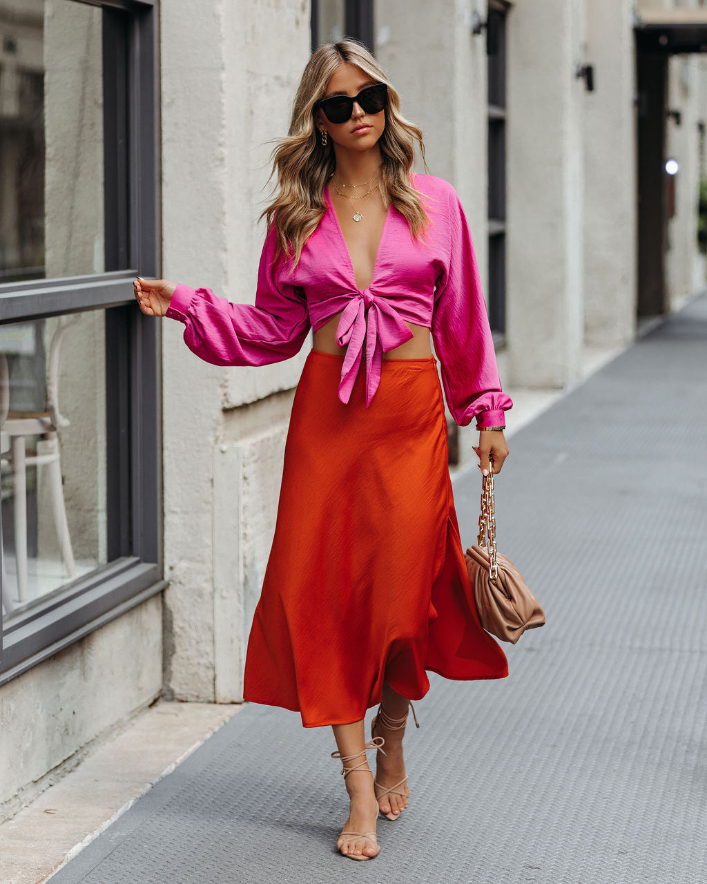 Brenda Satin Tie Front Crop Blouse - Pink