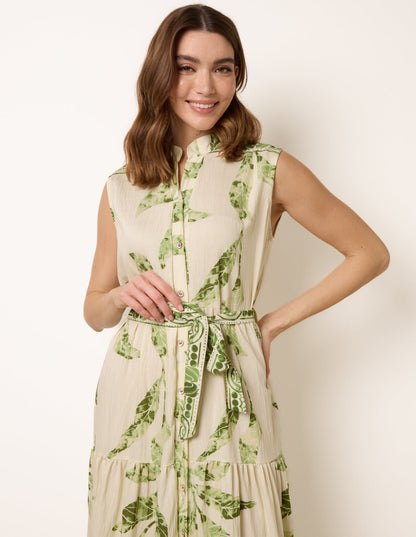 Leaf Print Collarless Shirt Dress With Belted Waist