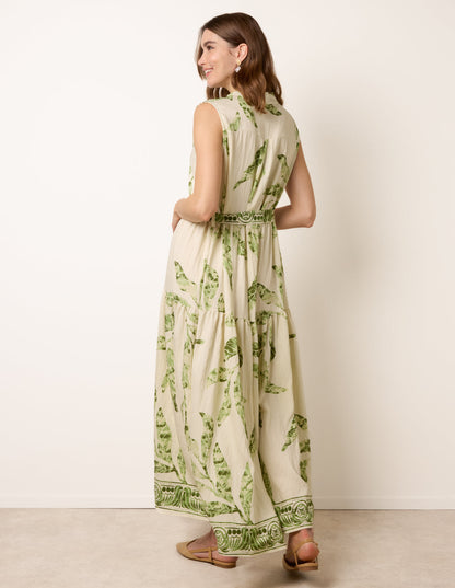 Leaf Print Collarless Shirt Dress With Belted Waist