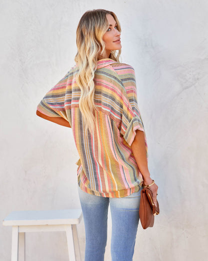 Camille Striped Woven Button Down Top - Yellow Multi