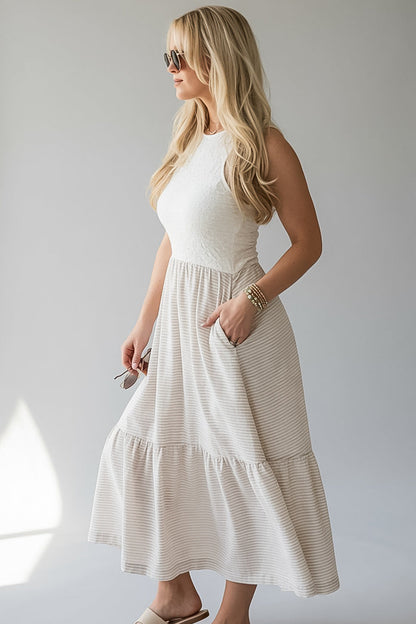 Sweet Adoration Taupe Striped Contrast Midi Dress