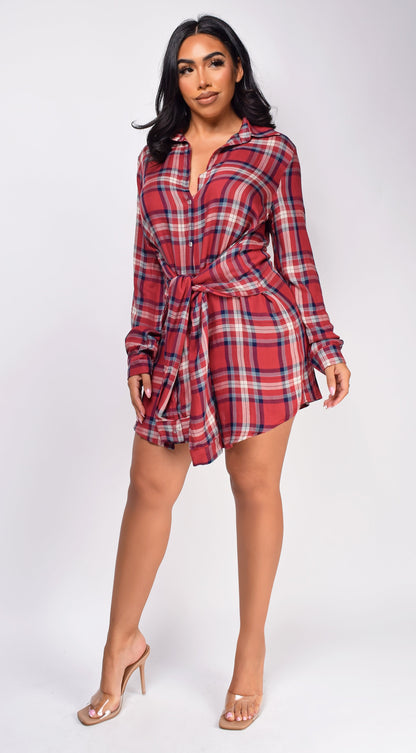 Saylor Red Button Up Plaid Shirt Dress