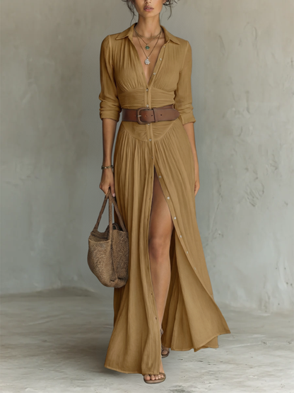 Long Maxi Dress with Collar and Long Sleeves in Linen for Women