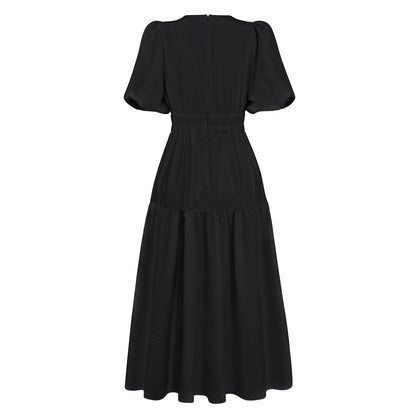 KIMONA SMOCKED SHORT SLEEVE MAXI DRESS - BLACK