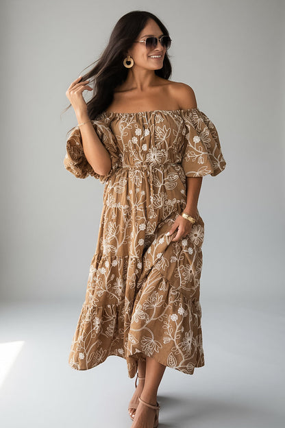 Autumn Meadow Taupe Floral Puff Sleeve Midi Dress