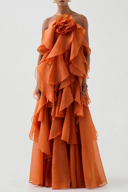 3D Flower Halter Neck Frill Maxi Dress