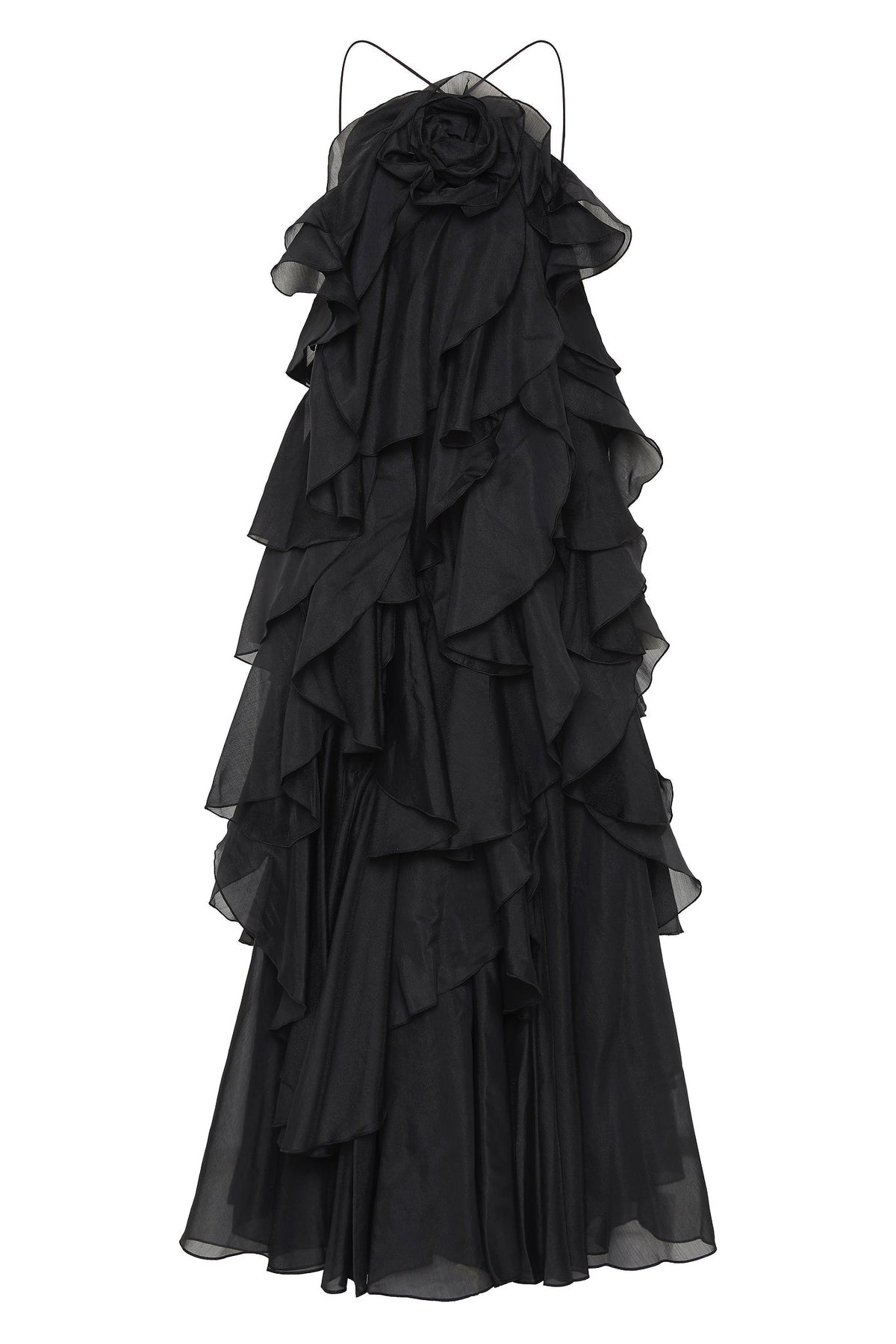 3D Flower Halter Neck Frill Maxi Dress