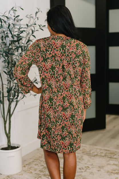 Lizzy Long Sleeve Dress in Olive Paisley