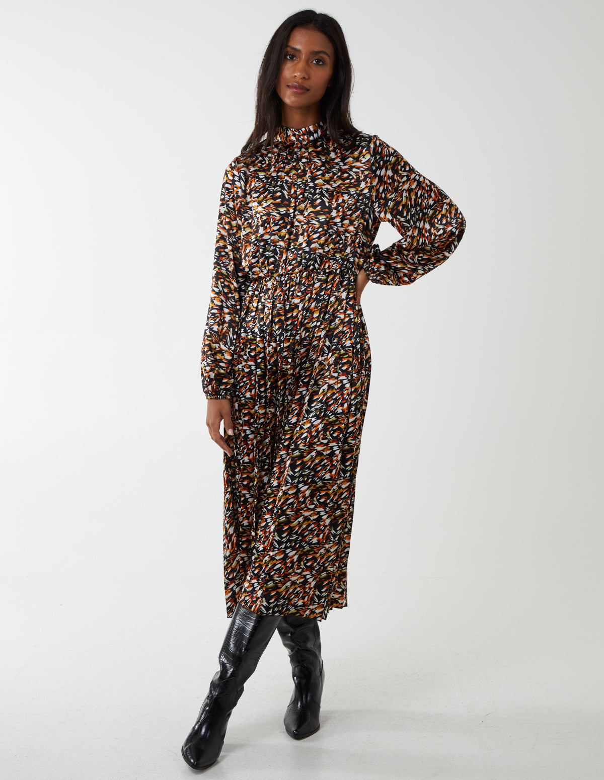 Abstract Animal Print High Neck Blouson Dress