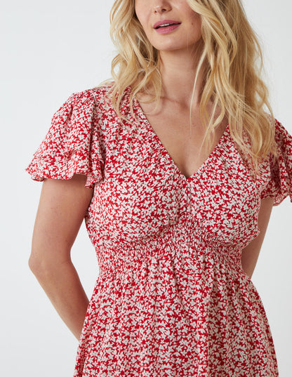 Double Ruffle Empire Shirred Mini Dress