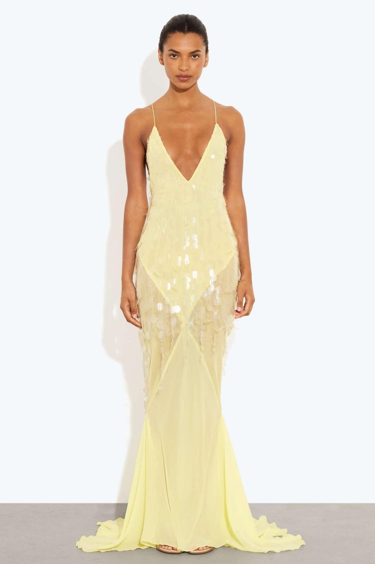 Sequin V-Neck Mesh Sleeveless Maxi Dress