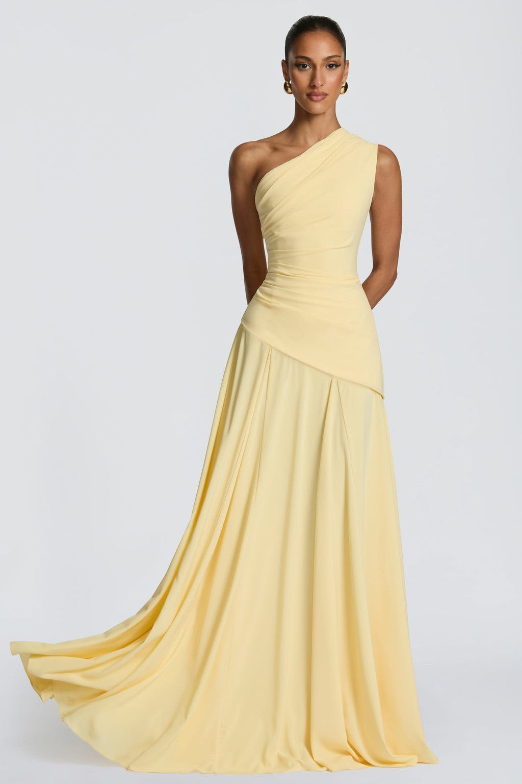 Jersey One Shoulder Gathering Maxi Dress