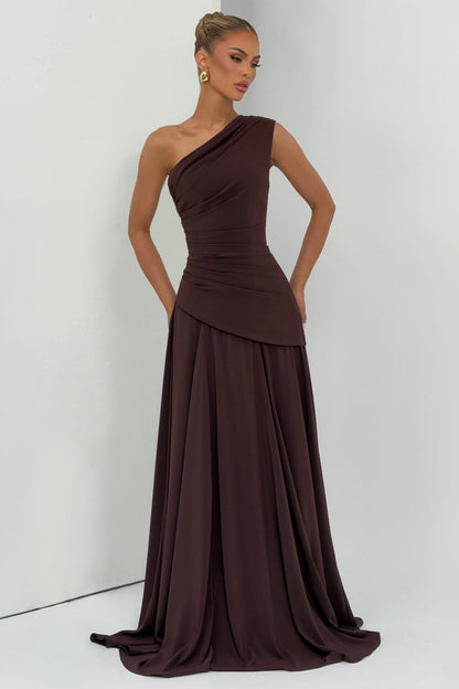 Jersey One Shoulder Gathering Maxi Dress