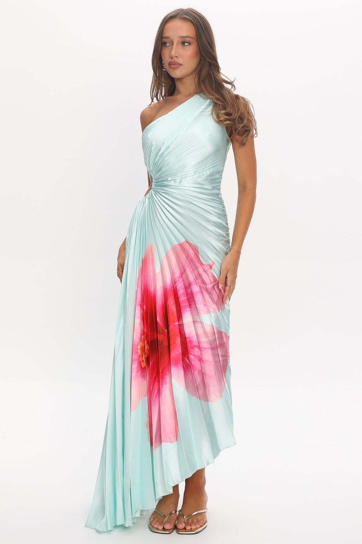 Amelie One-Shoulder Accordion Pleat Maxi Dress Hibiscus Mint