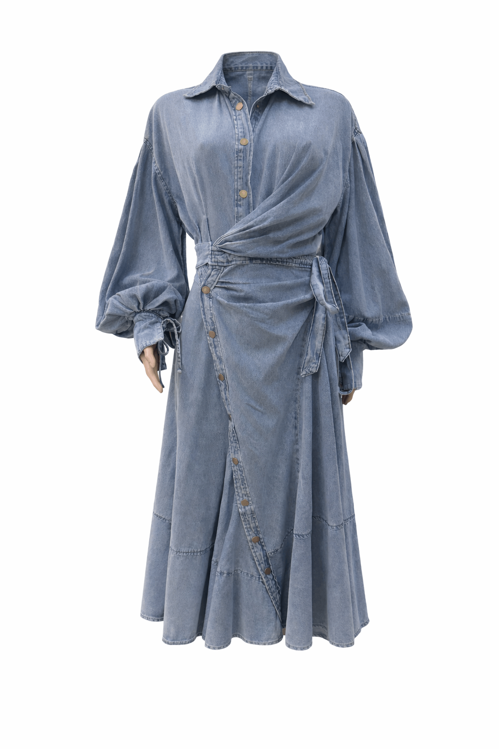 Luzie Waist Tie Denim Maxi Dress - blue