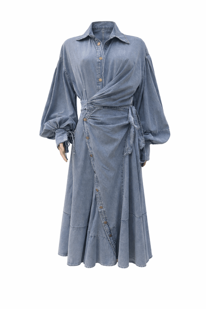 Luzie Waist Tie Denim Maxi Dress - blue