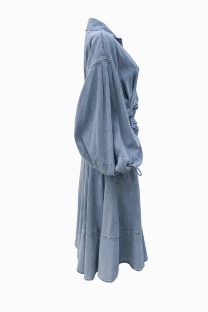 Luzie Waist Tie Denim Maxi Dress - blue