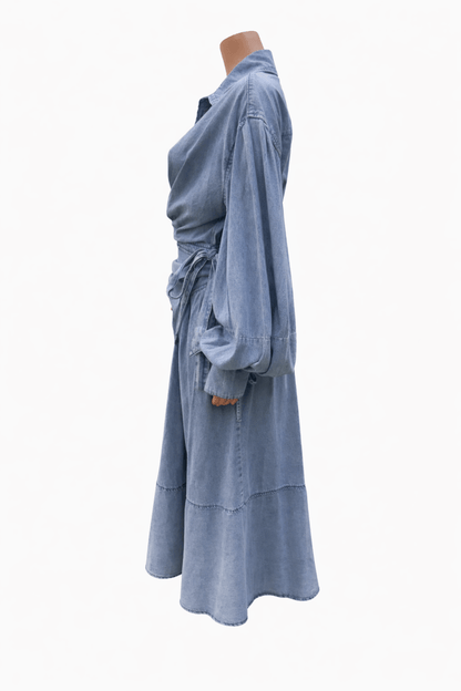 Luzie Waist Tie Denim Maxi Dress - blue
