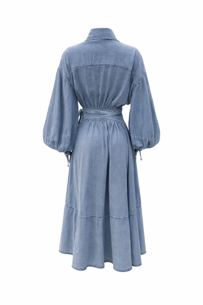 Luzie Waist Tie Denim Maxi Dress - blue