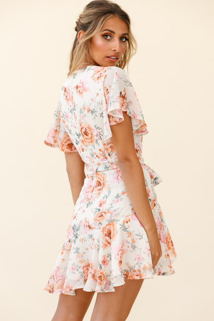 Cami Angel Sleeve Faux Wrap Dress Rose Print Pink