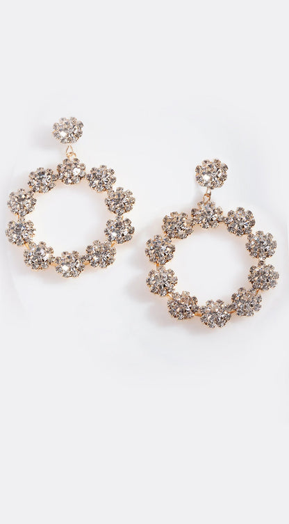 Rhinestone Flower Circle Dangle Earrings - Gold