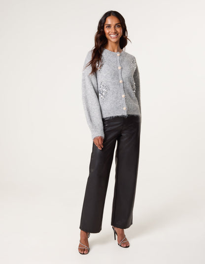 Diamante Sequin Brochure Button Front Cardigan