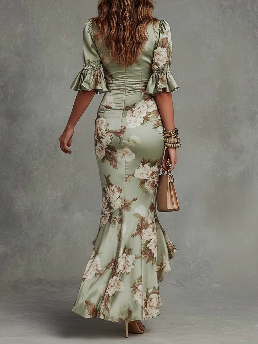 Anna - Asymmetrical Long Satin Dress in Green with V-Neck, Ruffled Bell Sleeves, and Floral Pattern