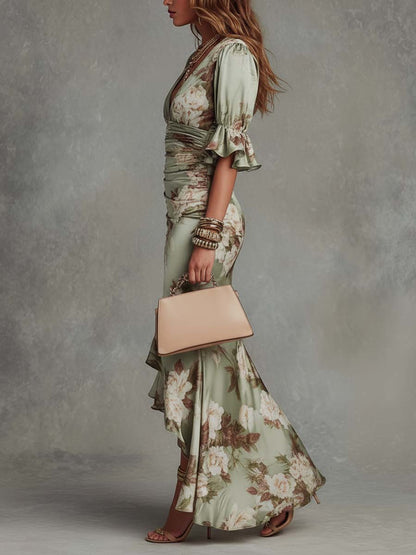 Anna - Asymmetrical Long Satin Dress in Green with V-Neck, Ruffled Bell Sleeves, and Floral Pattern