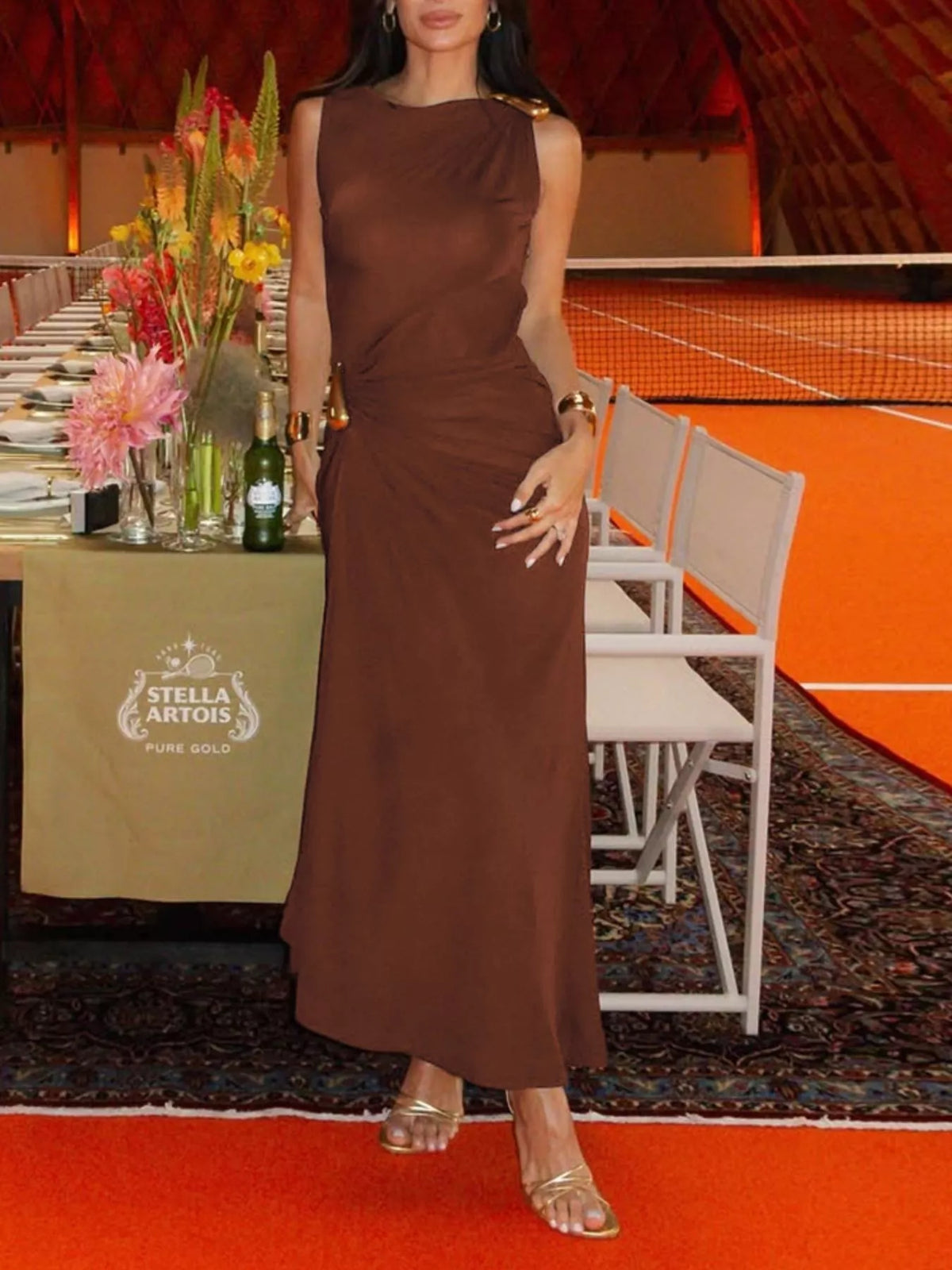 Draped Sleeveless Bodycon Maxi Dress with Metal Decorative