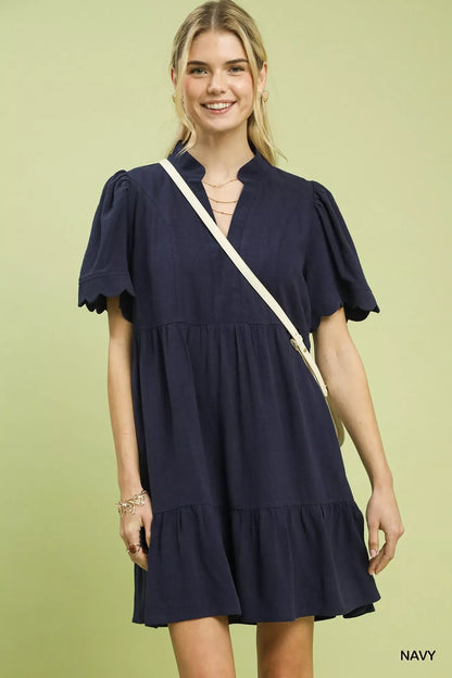 Umgee Linen Tiered Babydoll Dress with Scalloped Sleeves