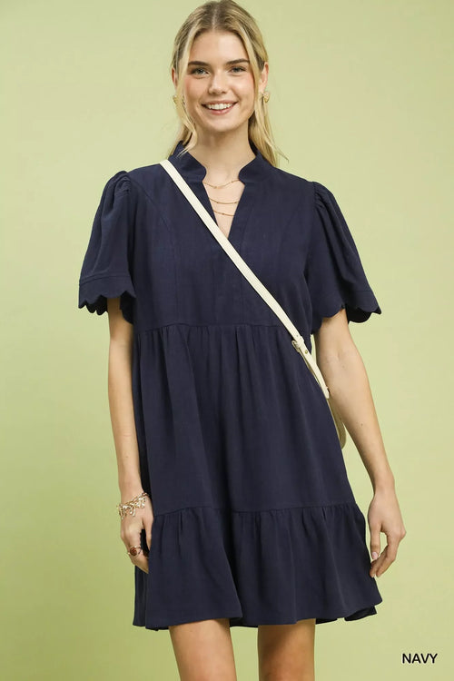 Umgee Linen Tiered Babydoll Dress with Scalloped Sleeves