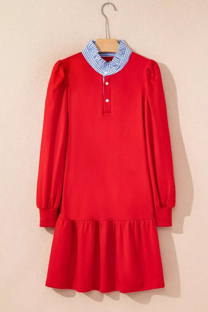 Contrast Striped Collar Patchwork Puff Sleeve Ruffle Hem Mini Dress