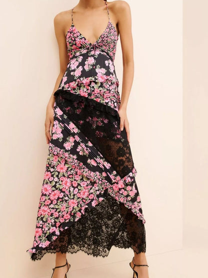 Lace Detail Ruffled Floral V-Neck Maxi Dress