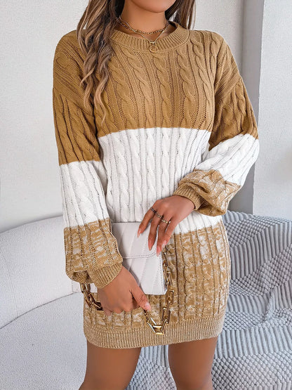 Color Block Cable Knit Sweater Dress with Textured Pattern