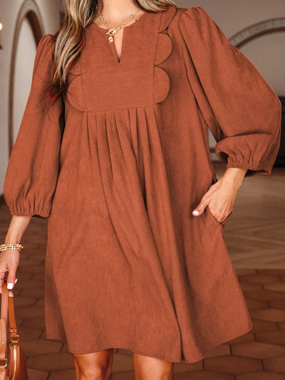 Split Neck Scallop Detail Corduroy Mini Dress