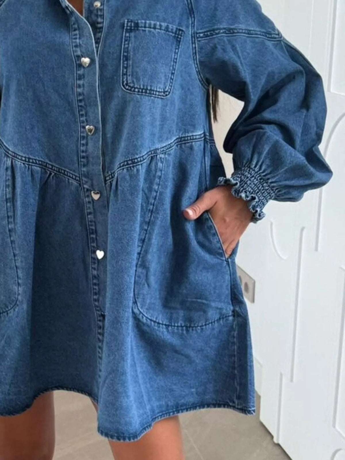 Button Down Mini Denim Dress with Front Pockets