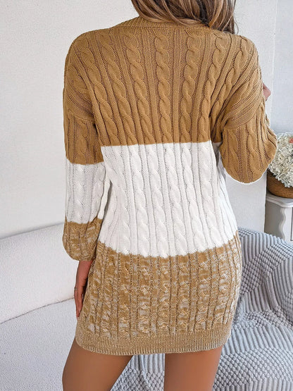 Color Block Cable Knit Sweater Dress with Textured Pattern
