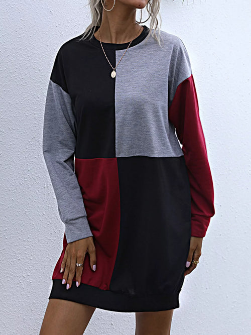 Color Block Casual Long Sleeve Mini Dress