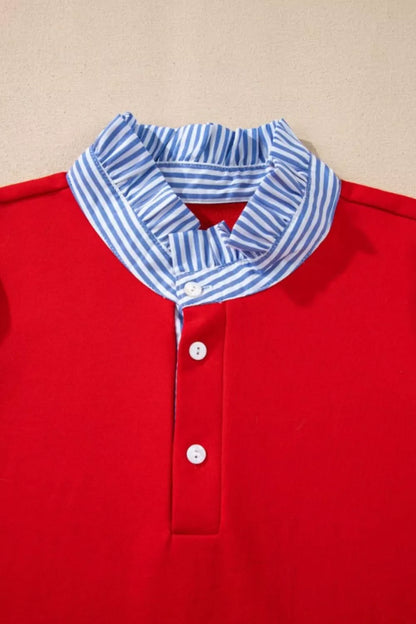 Contrast Striped Collar Patchwork Puff Sleeve Ruffle Hem Mini Dress