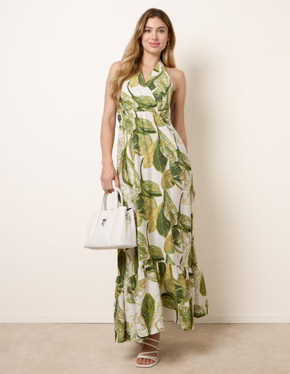 Leaf Print Halter Neck Dress