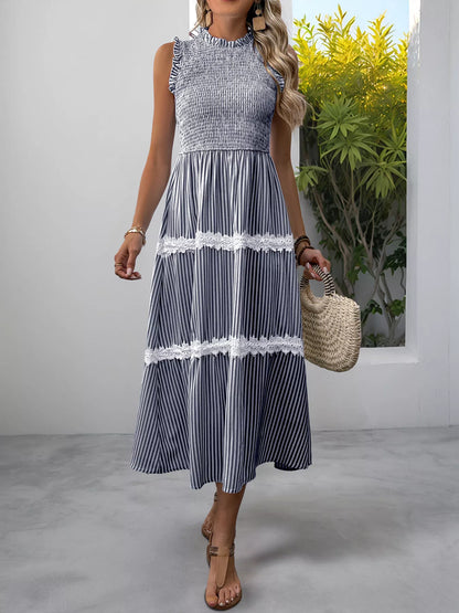 Smocked Striped Lace Trim Sleeveless Midi Dress