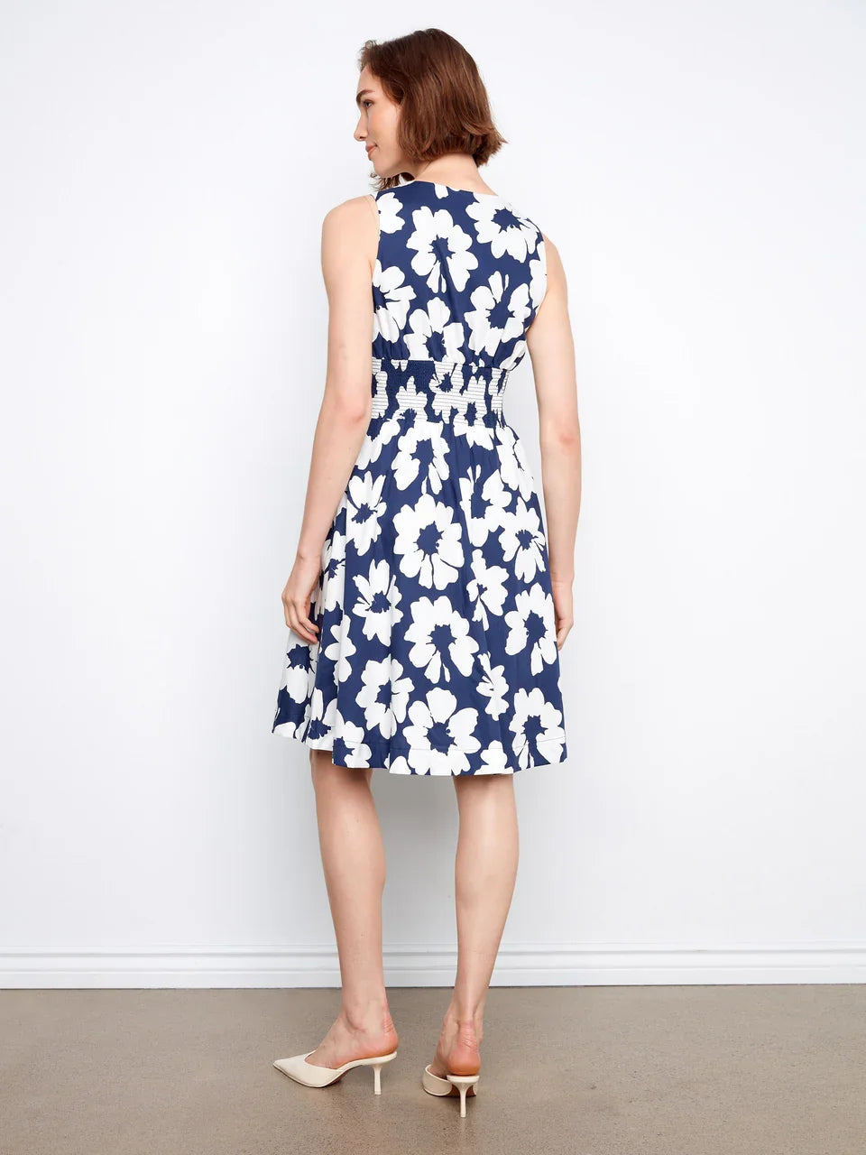 Cotton Voile Printed Front Zip Knee Length Dress in Dahlia Print