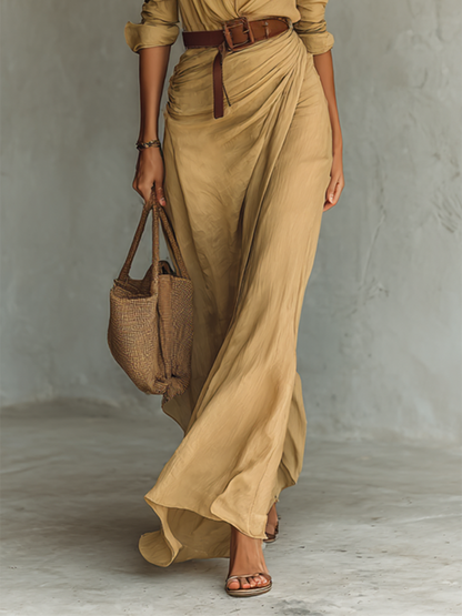 Maxi Long Dress with Notched Collar for Women, Long Sleeves, One-Button Closure